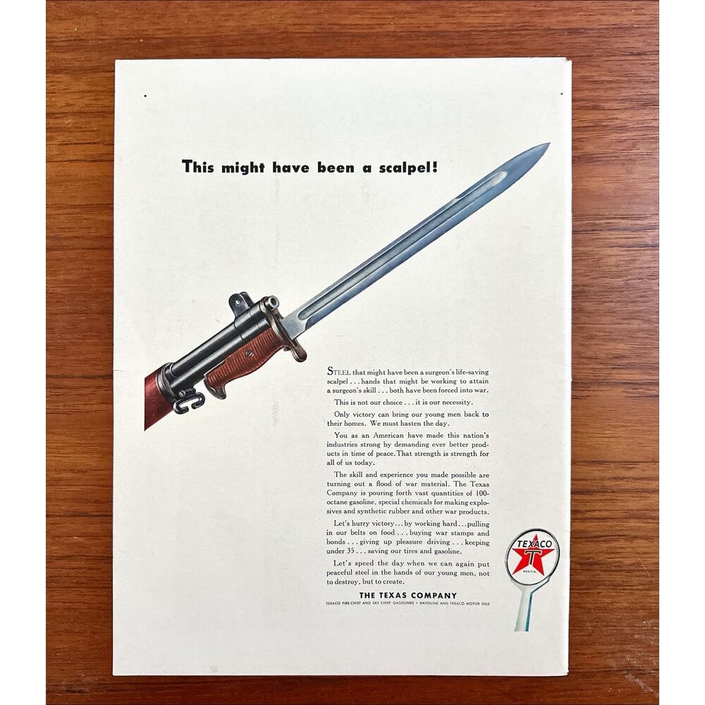 1943 Vintage Print Ad Texaco Research Lab Bayonet Rifle WW2